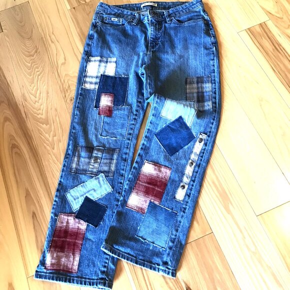 Upcycled Flannel Patchwork Jeans, Size 10P: Distressed Denim & Plaid Patches - Picture 12 of 13